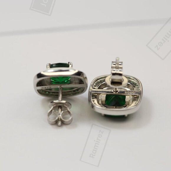 925 Sterling Silver Emerald-Tone CZ Stud Earrings • Elegant Green Sparkle Design - Picture 4 of 7